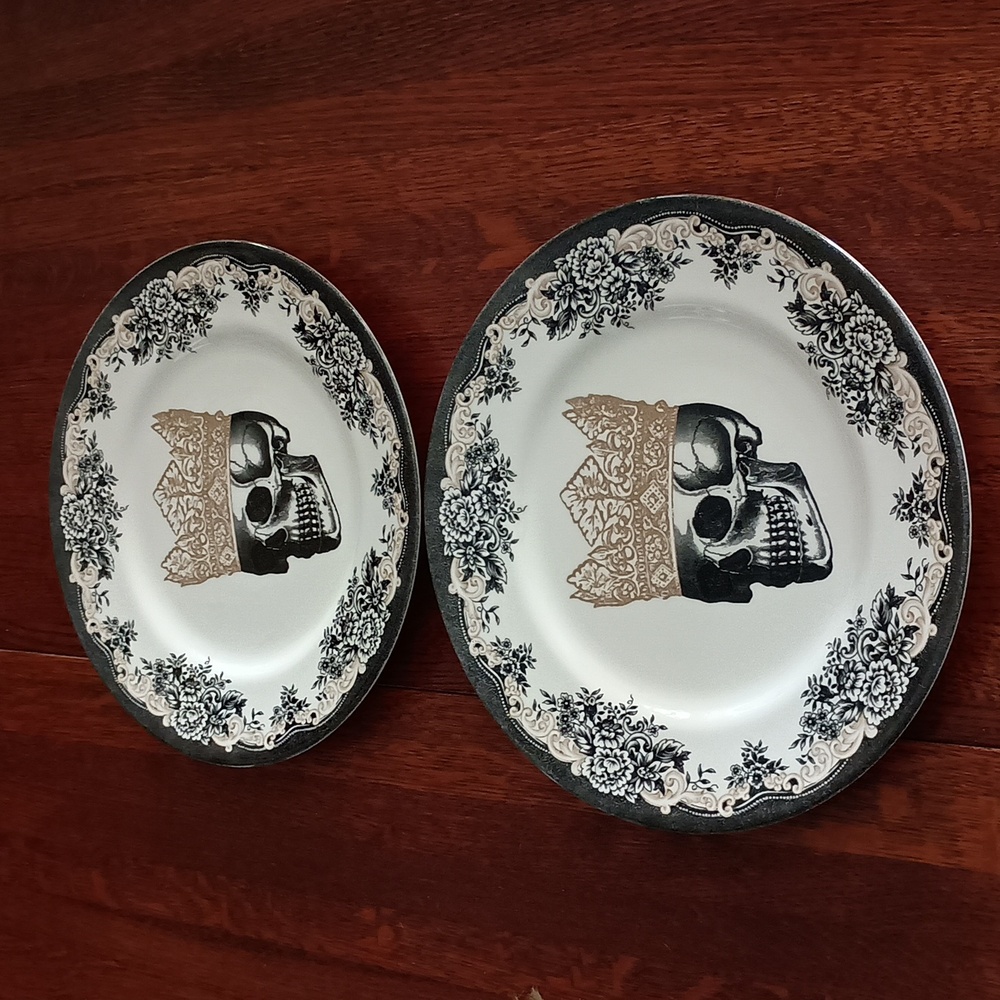 2 Royal Stafford England Porcelain Skull In Gold Crown 11" Dinner Plate